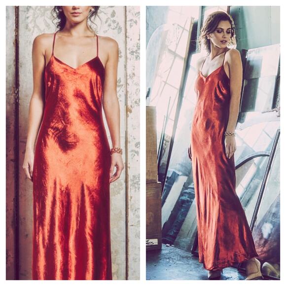 Mestiza New York Mara Red Rust Velvet Slip Open Back Cross Strap Gown Medium - Picture 2 of 13